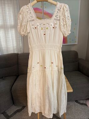 LoveShackFancy Cream Eyelet Midi Dress with Red and Yellow Floral Embroidery